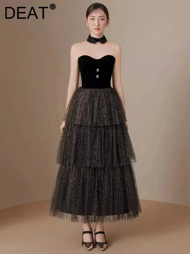 DEAT Элегантное платье без бретелек в стиле пэчворк с марлевыми пуговицами и