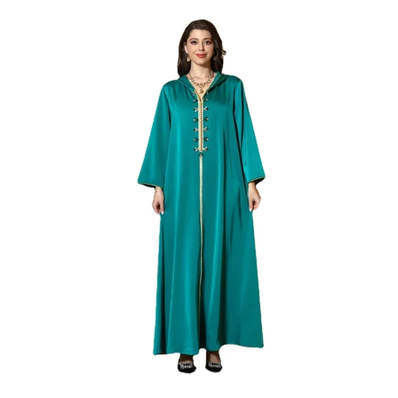 

Satin Abaya Dress Israel Saudi Arabia Dubai Luxury Evening Hooded Muslim Beading Robe Long Green Middle Eastern Dresses