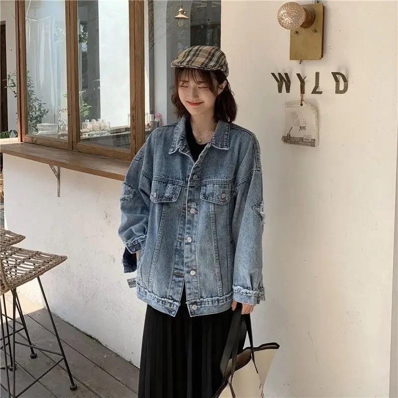 Винтажная джинсовая куртка свободного кроя для женщин универсальная рваная