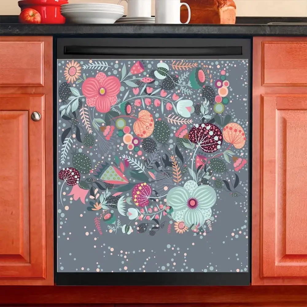 

Scandinavian Flowers Folk Art Dishwasher Panel Decal, Floral Dishwasher Sticker Vinyl Fridge Door Cover, (Easy Update, Magnetic