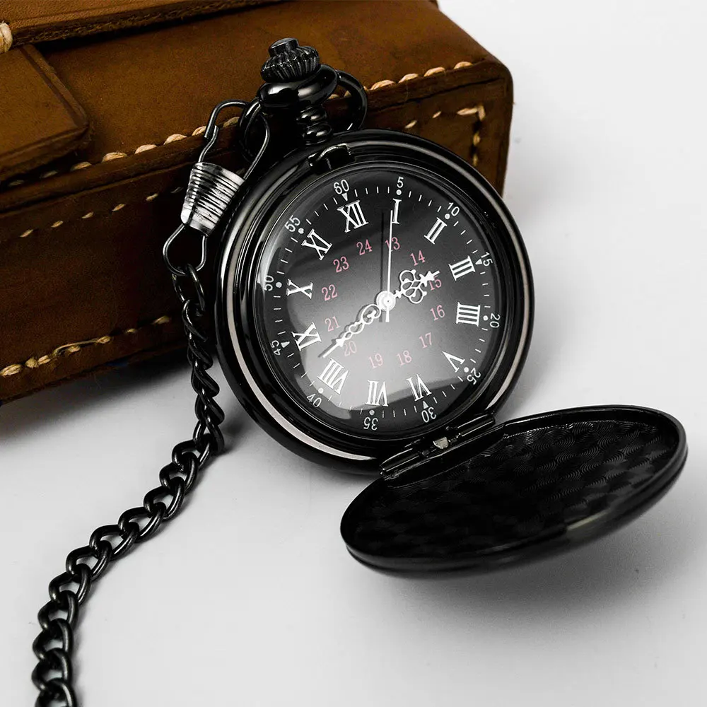 

Luxury Smooth or Matte Surface Gold Sliver Black Case Quartz Pocket Watch for Men Roman Numeral Number Fob Chain Pendant Clock