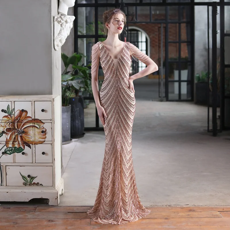 Banquet Evening Dress 2022 New Trumpet Sleeved Noble Elegant Gorgeous Sequin Long Fishtail Dress for Annual Meeting Host