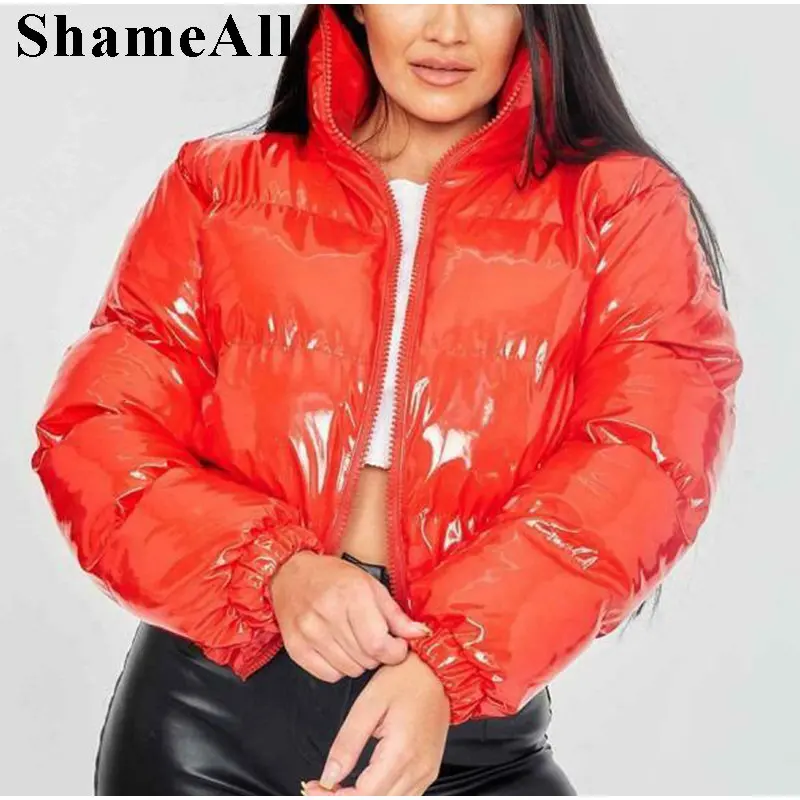 Faux Pu Y2K Pink Bubble Puffer Coats Winter Down Jacket Women Long Sleeve Crop Outerwear Coat Streetwear Warm Oversized Parkas