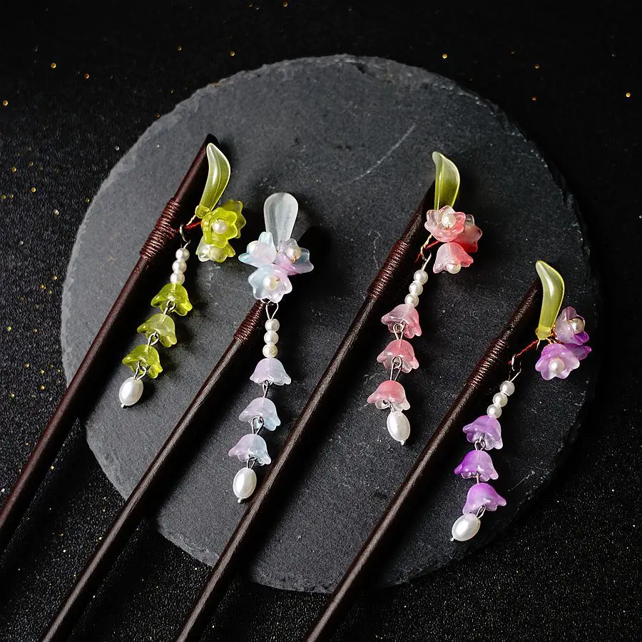 

Hanfu Hairpin Purple Lily Of The Orchid Flower Ancient Style Hairstick Daily All-match Costume Wood Headdress
