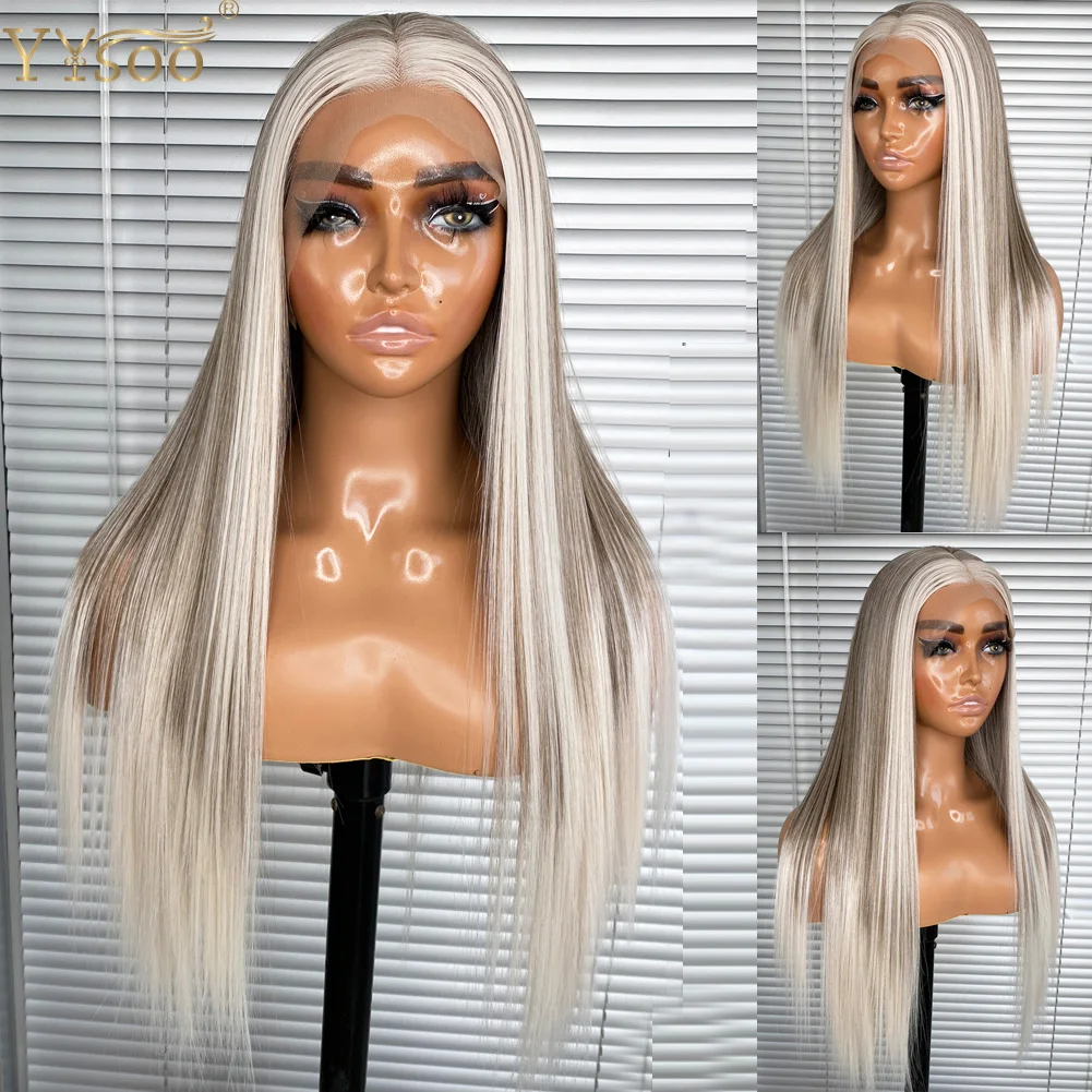 YYsoo Long Baylayage Color 13x4 Futura Hair Silky Straight Ombre Synthetic Lace Front Wigs Japan Fiber Glueless Highlights Wig