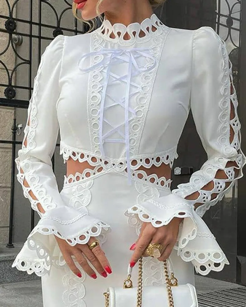 

Elegant Party Slim Lace Dresses Women 2022 Summer New Temperament Lace Contrast Color Flared Sleeve Dress