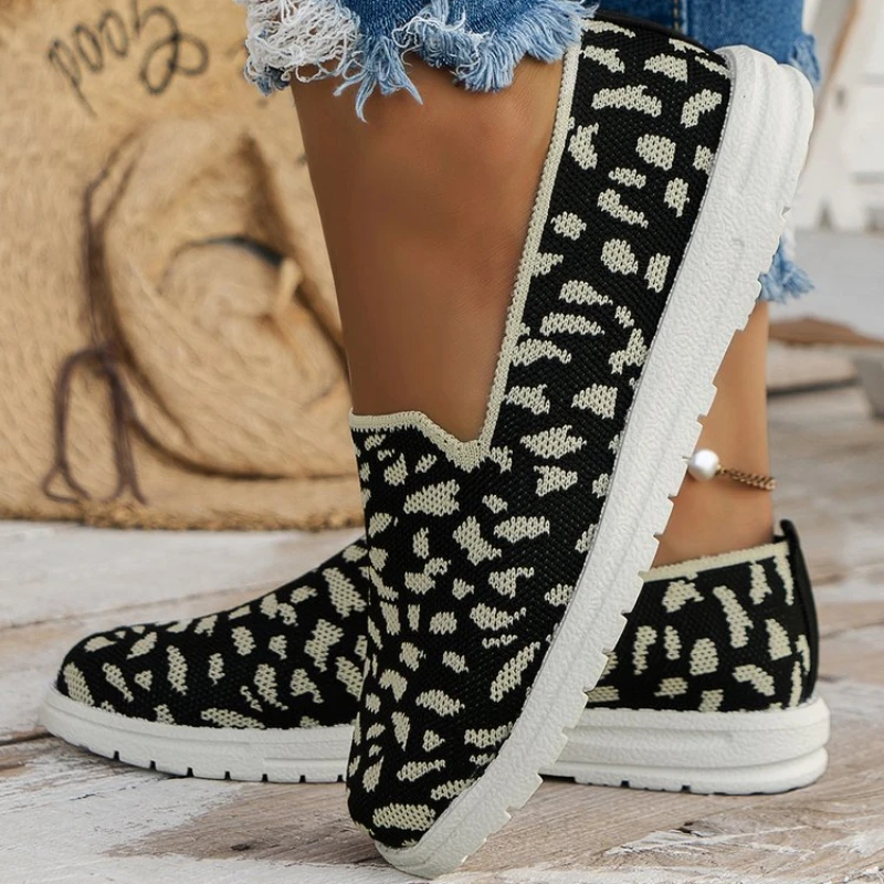 

Leopar/plaid Weaving Flats Women Round Toe Platform Shoes Stretch Fabric Mesh Loafers Female Breathable Knitted Moccasins