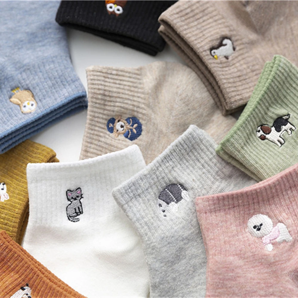 

New Girls' Cute Embroidery Owl Cat Bear Dog Rabbit Sheep Bird Candy Color Funny Kawaii Short Ankle Socks Fashion Summer Dropship