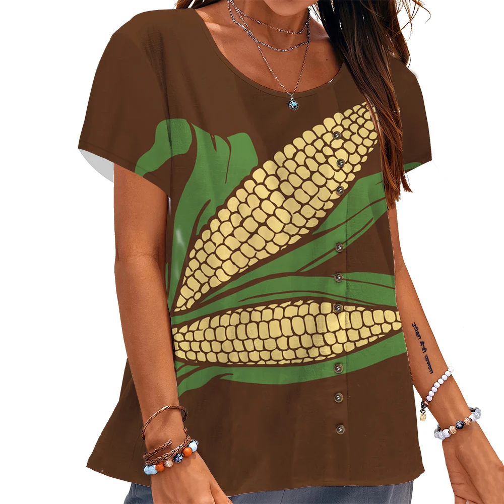 

CLOOCL Fashion Women T-shirt Watercolor Mature Corn Graphics 3D Printed Tees Button Decorate Short Sleeve Blouse Oversized Shirt