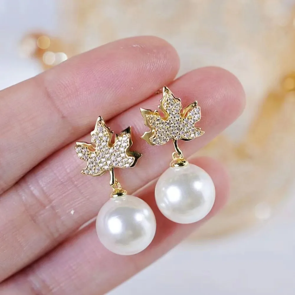

DIY Pearl Ear Stud Accessories S925 Sterling Silver Jewelry Fashion Maple Leaf Ear Studs Women's Empty Fit 8-12mm Beads