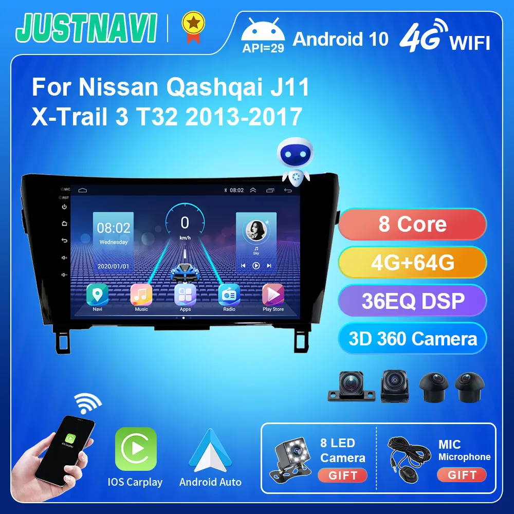 JUSTNAVI для Nissan Qashqai J11 X-Trail 3 T32 2013 - 2017 Android 10.0 Wi-Fi автомобильный радиоприемник
