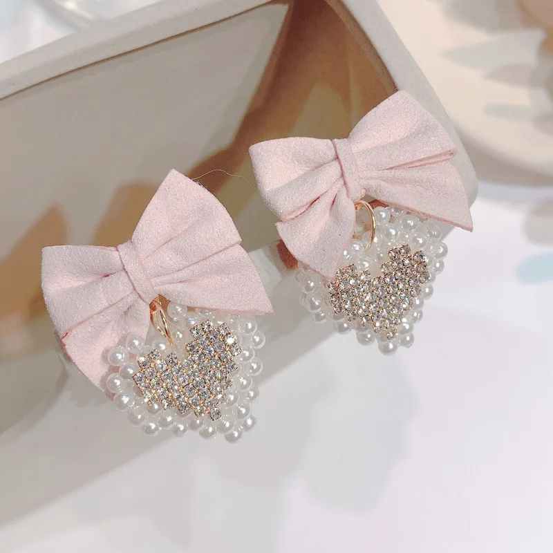 

Simple Fabric Bowknot Heart-shaped Drop Earring Korean Fashion Rhinestone Pearl Earrings for Women Female Party Jewelry