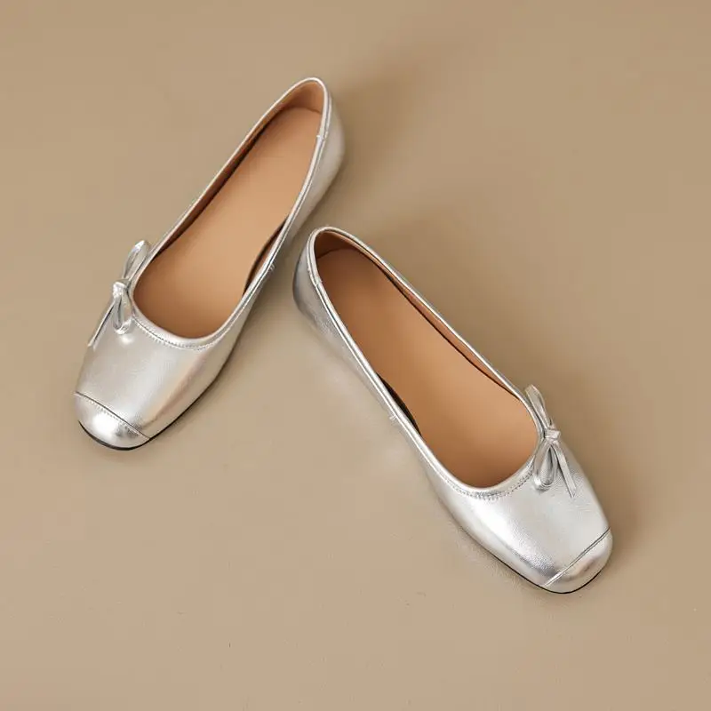 Comfortable Natural Genuine Leather Women Heels Shoes Fashion Butterfly-knot Design Low Heel Shoes Easy To Walk Autumn Shoes