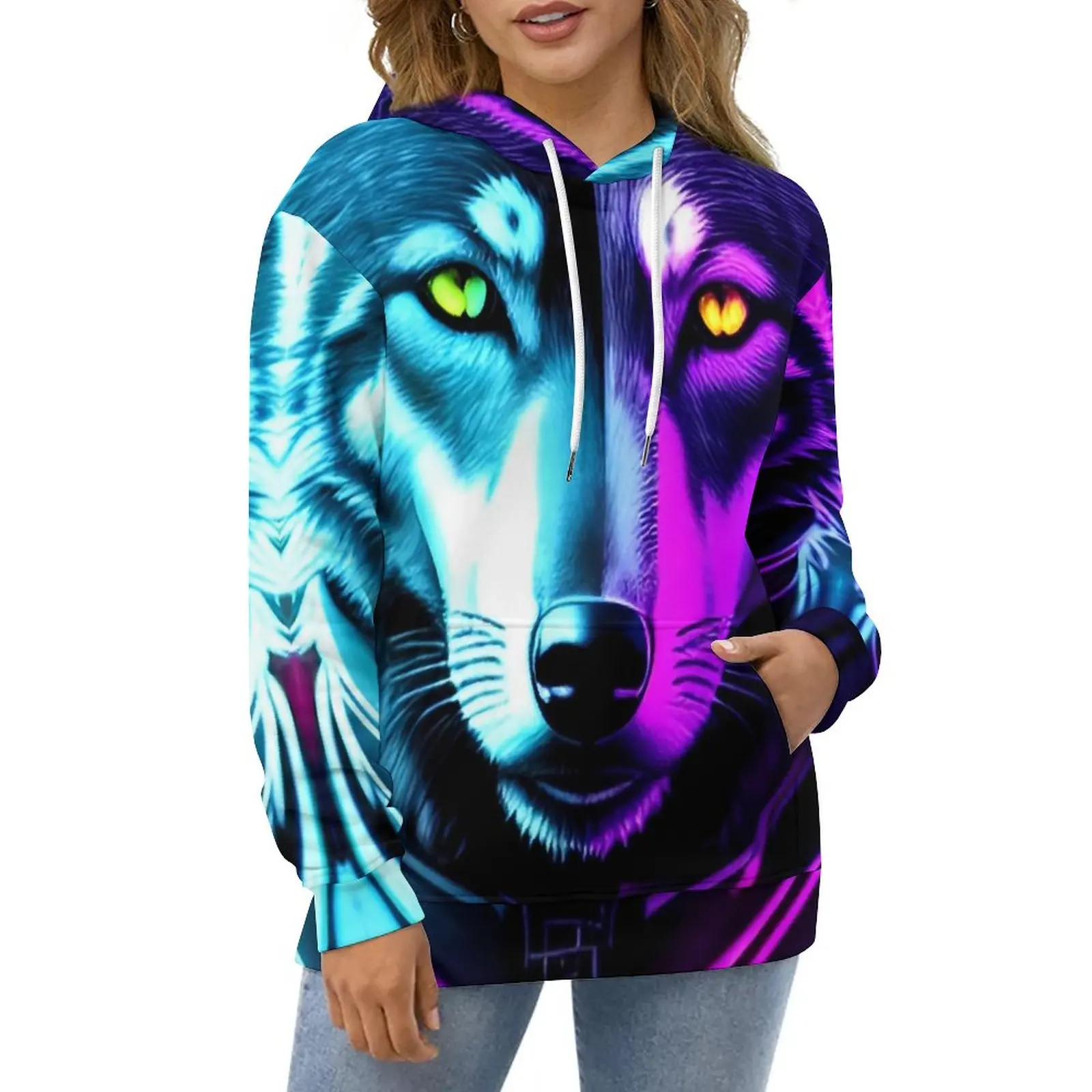 

Cyber Wolf Neon Hoodies Funny Animal Street Fashion Casual Hoodie Long Sleeve Kawaii Graphic Hooded Sweatshirts 4XL 5XL 6XL
