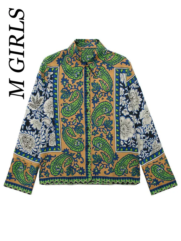 

M GIRLS Women Fashion Flowing Totem Print Shirts Vintage Long Sleeve Button-up Female Blouses Blusas Chic Tops