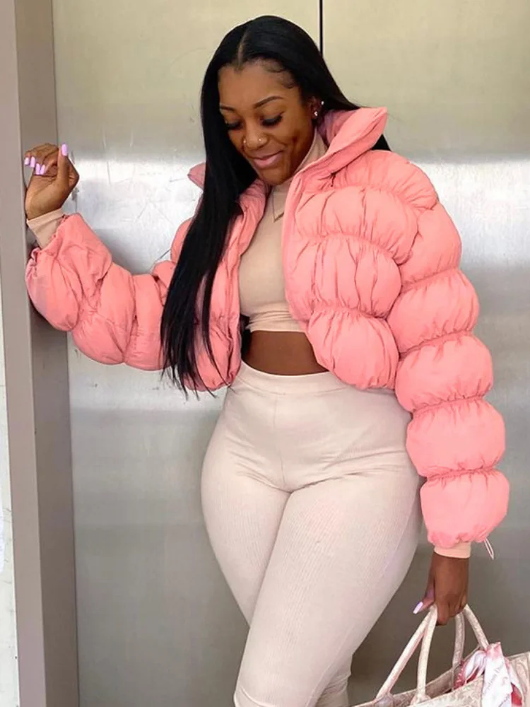 Winter Fashion Stand Collar Zipper Pink Puff Parkas for Women 2022 Casual Warm Cotton Padded Coat Ladies Sweet Jackets Outerwear