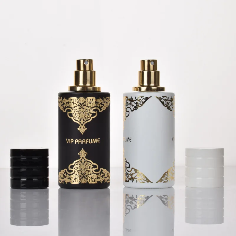 2ピース/ロット50ミリリットルラウンドガラス香水瓶、空ポンプスプレー香水アトマイザー詰め替え化粧品ボトル白黒