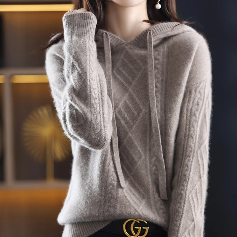 Autumn And Winter New Solid Color Hooded Pure Wool Knitted Sweater Women's All-Match Fashionable Temperament Loose Top