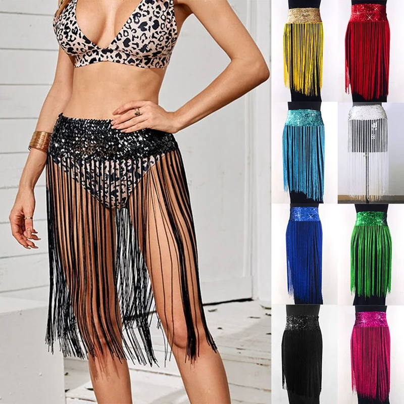 

Belt Hollow Tassel Sexy Beach Skirt Ladies Waist Sequin Stitching Dance Skirt Summer