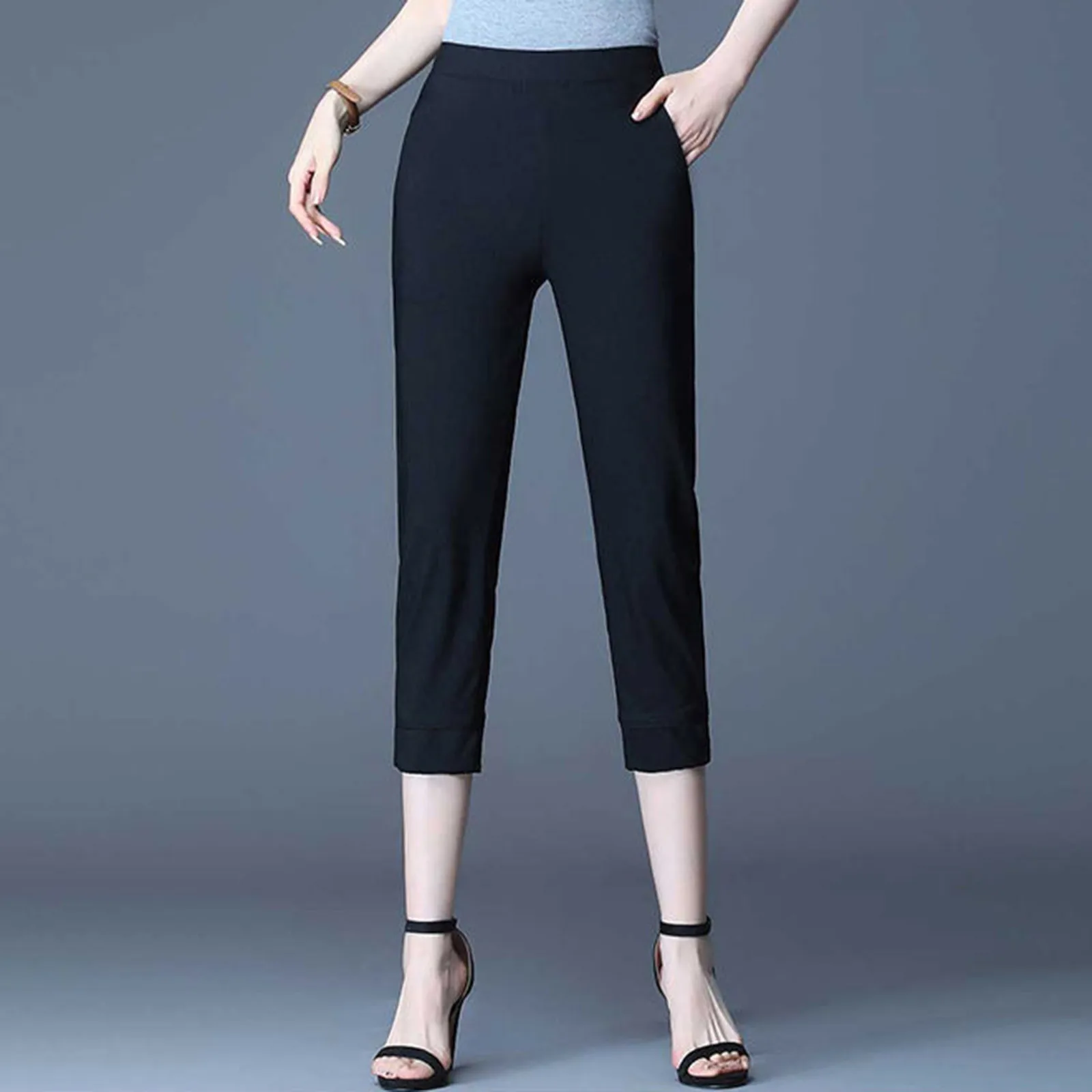 

Womens Capri Pencil Pants Elastic High Waist Split Pockets Buckle Elegant Trousers Elegant Slim Office Ladies Trousers Pantalone