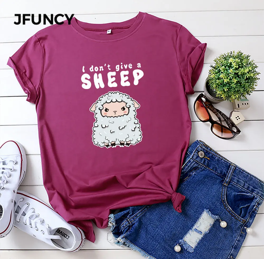 JFUNCY  5XL Women Tee Shirt Short Sleeve Female Cotton Tshirt Cute Cartoon Sheep Print T-shirt Woman Summer Loose Tops