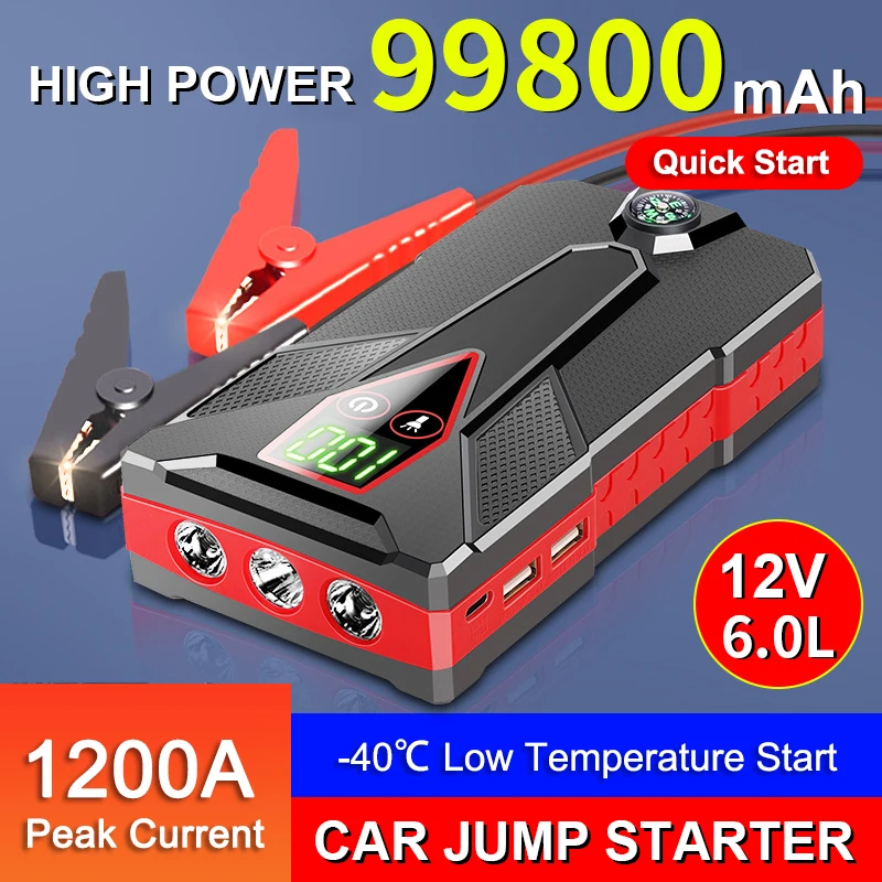 

99800mAh Car Jump Starter 12V Auto Battery Jumper starter Portable Emergency Booster Charger 1200A Power Bank SOS LED Flashlig