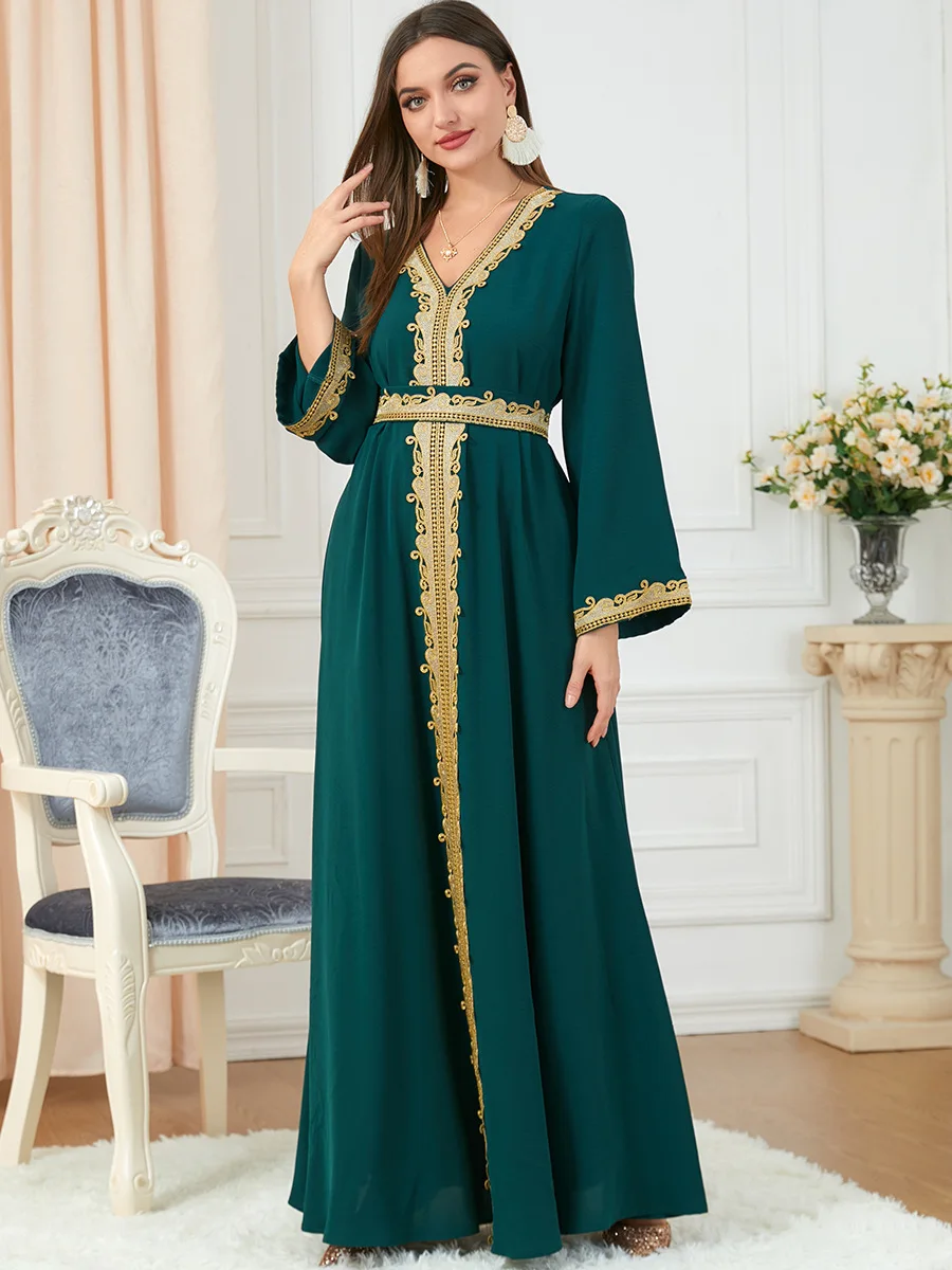 

New Dresses For Muslim Women Lace Embroidery V-Neck Long Sleeve Party Maxi Dress With Belt Elegant Moroccan Kaftan Turkey Wears