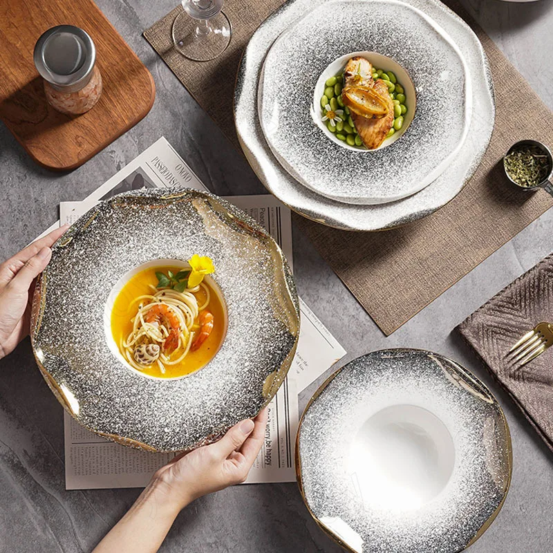 

Gold Plated Ceramic Plate Creative Home Afternoon Tea Pasta Dish Splash Ink Decoration Western Restaurant Steak Straw Hat Plates