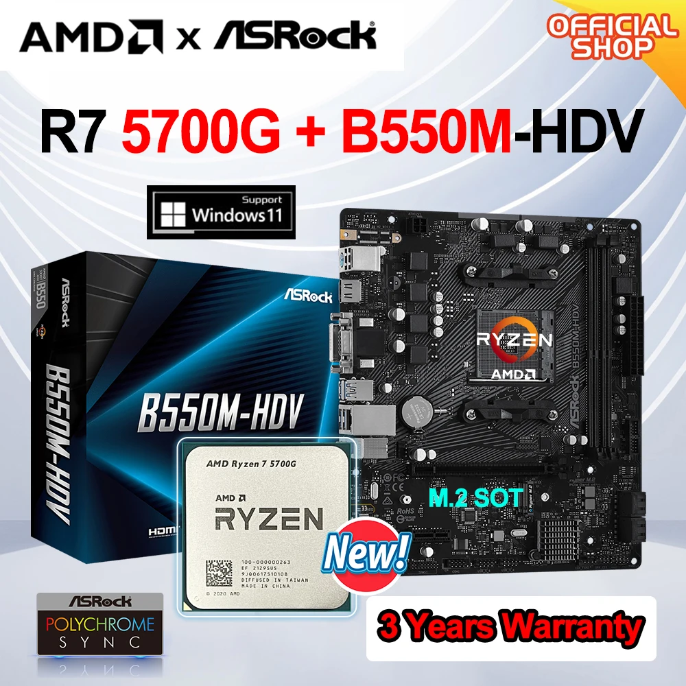 

New AMD Kit Ryzen 7 5700G Prosesor CPU + ASRock B550M-HDV Micro-ATX Mainboard 64GB DDR4 AM4 Motherboards Kit placa mae B550