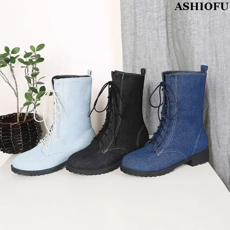 ASIOFU/Новые популярные женские ботильоны ручной работы джинсовые кожаные короткие