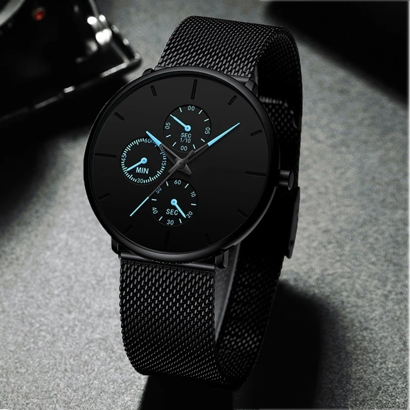 

Mens Business Black Watches Luxury Stainless Steel Ultra Thin Mesh Belt Quartz Men Leather Wrist Watch Casual Classic Male Watch