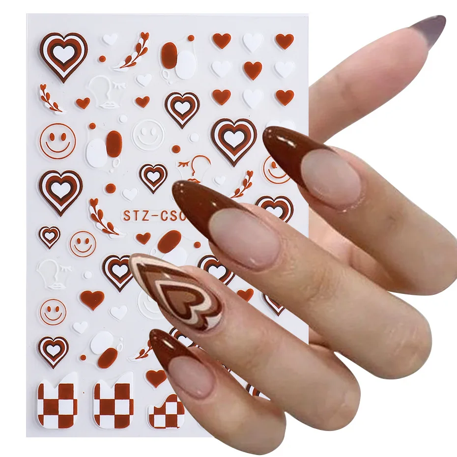 

1 Sheet Retro Brown Heart 3D Nail Sticker Trendy Art Decal Coffee Latte Geometry Smiling Face Slider Manicure Charms