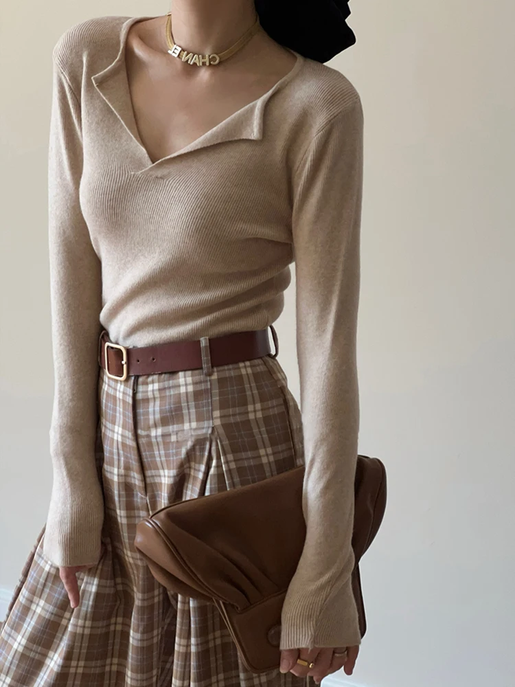 Осенне-зимний французский флисовый вязаный свитер с v-образным вырезом женский