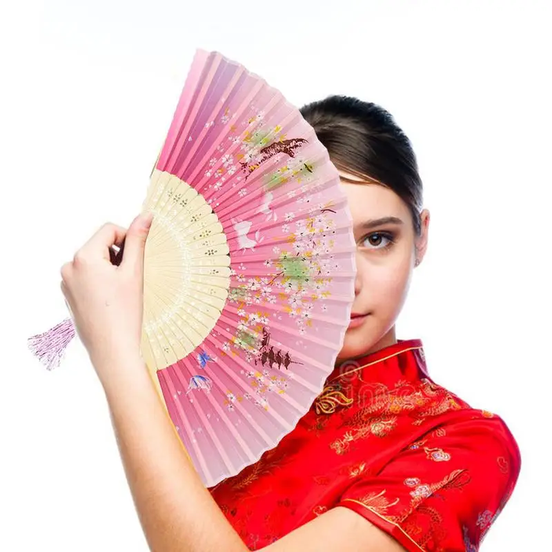 

Foldable Hand Fan Japanese Silk Folding Fans Bamboos Chinese Fan Antiquity With Tassels Small Dance Fan For Student Hanfu