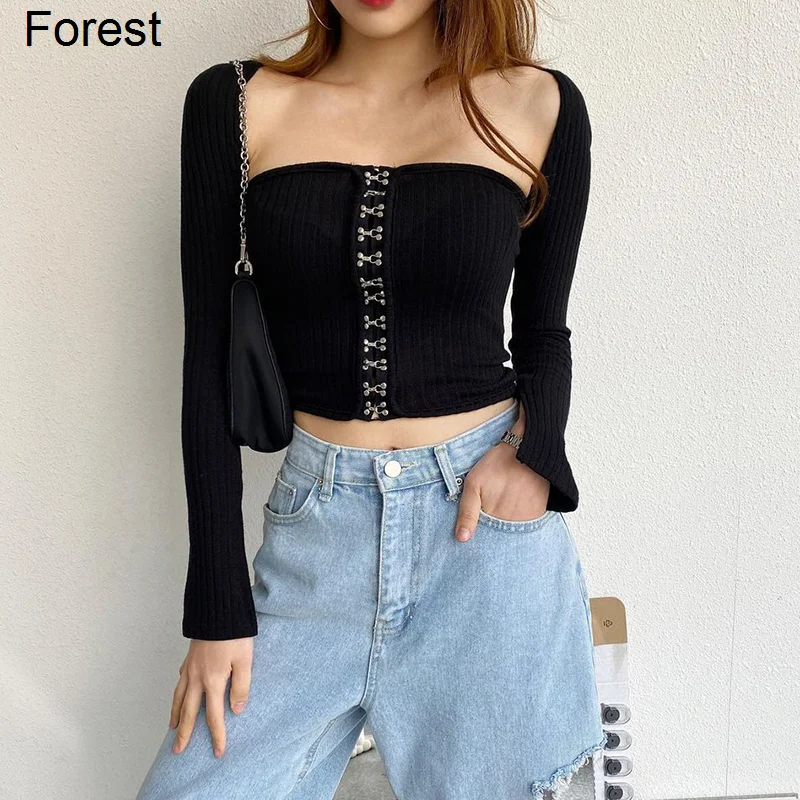 

Women's T-shirt High Street Cool Girl Hook Bra Short Slim Top Two-piece Set Design Fashion T-shirt Forest