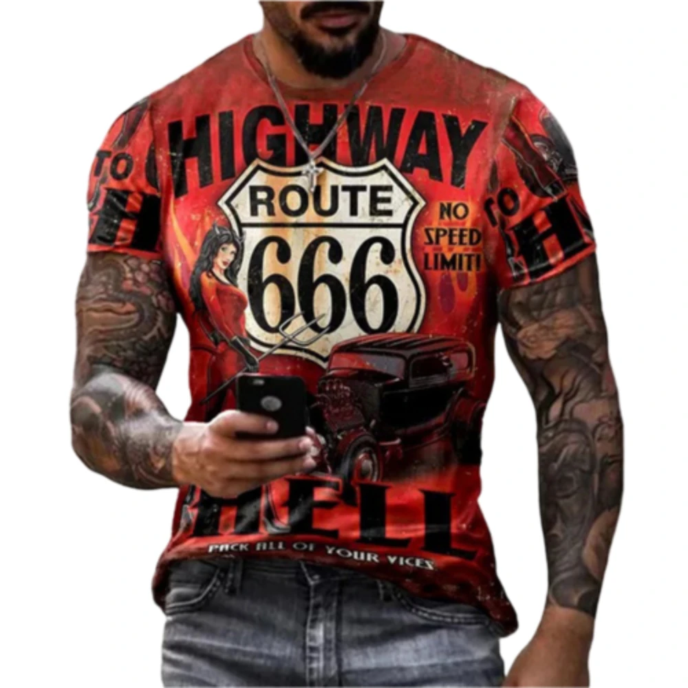 

2022 Highway 66 3D Print T Shirt Men Short Sleeve Classic Street Design Summer O-Neck Loose Top