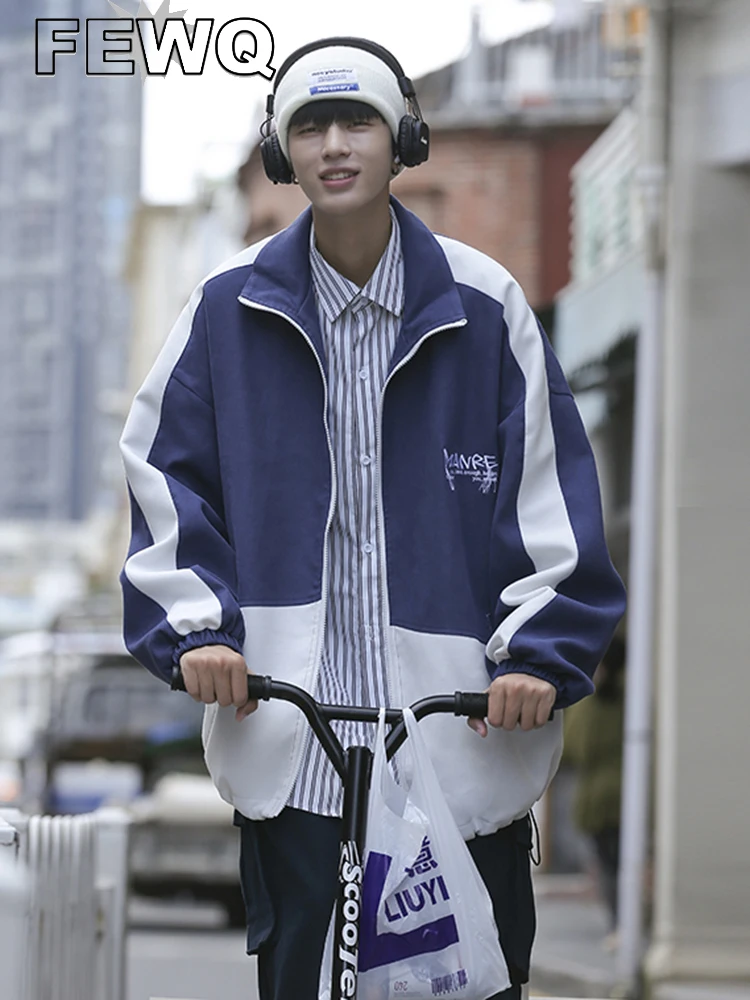 

FEWQ 2023 Autumn Men's Patchwork Jackets Casual Loose Contrast Color Zipper Jacket Side Striped Letter New Male Clothing 24A793