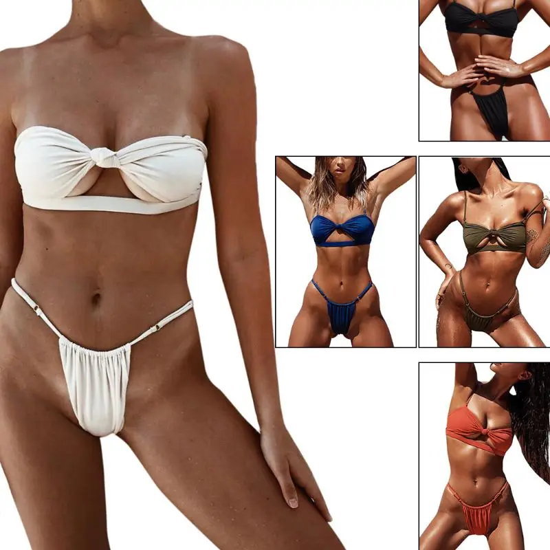 

5 Colors Women Sexy Two Piece Set Detachable Strapless Knotted Hollow Out
