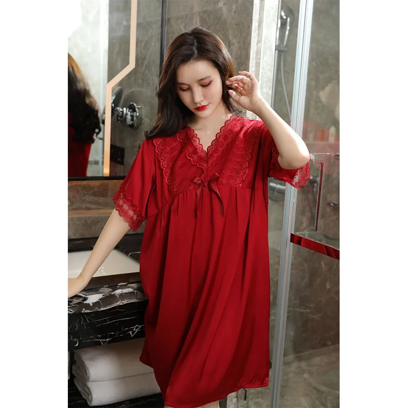 YFTNH Sleep Shirts for Women Silk Nightdress Bow Lace V-neck Short Sleeve Sleepwear Dresses Solid Plain Loose Homewear Nighties