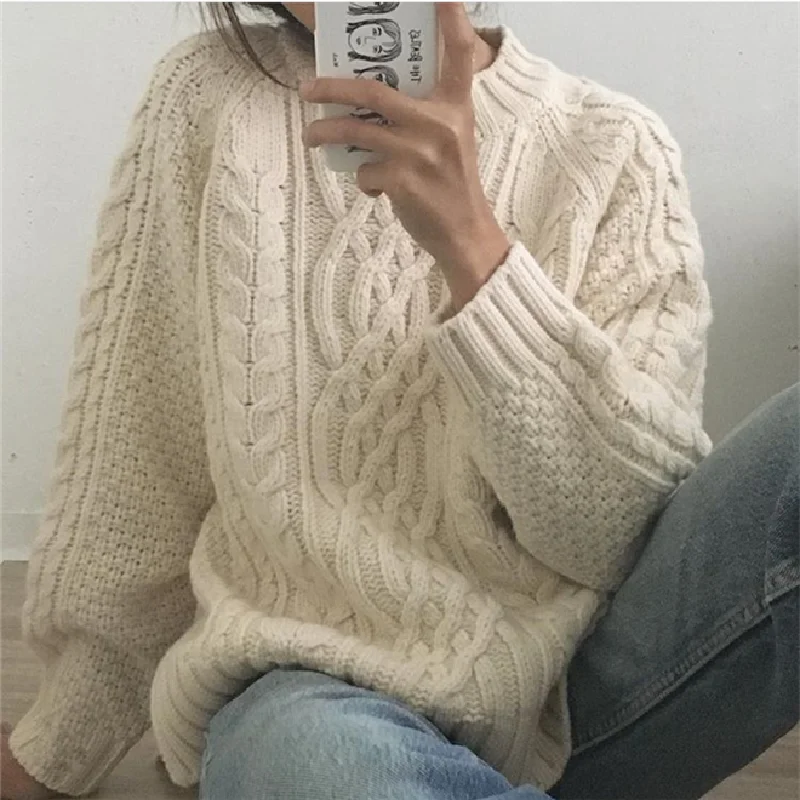 

Winter Women's Clothing Sweater Korean Fashion Loose Retro Lazy Wind Twist Crew Neck Ivory Long Sleeves Knitting Pullover Tops