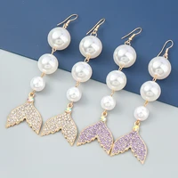 fashion new long statement trendy big simulated pearl crystals mermaid tail dangle drop earrings for women wedding party gift