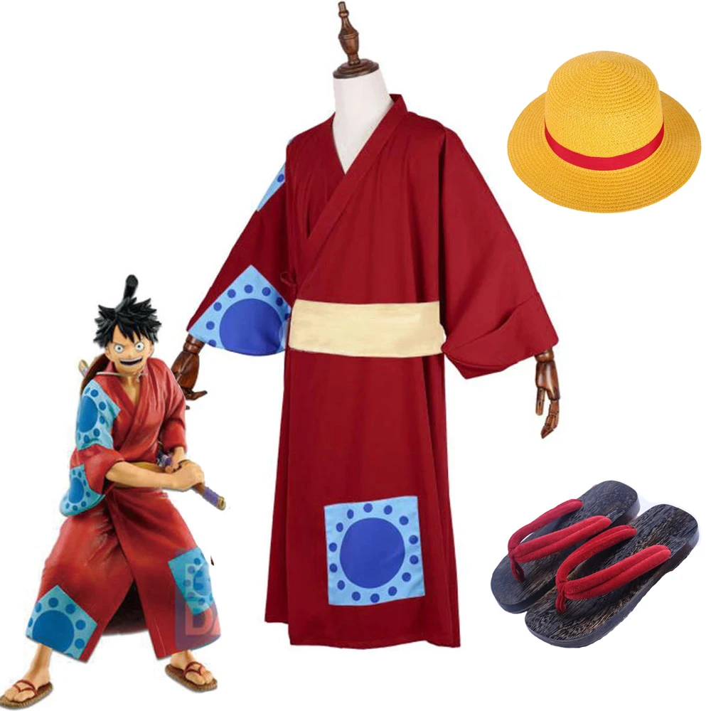 

Anime One Piece Cosplay Monkey D Luffy Wano Country Arc Cosplay Costume Hat Kimono Yukata Outfit Customized Halloween Costumes