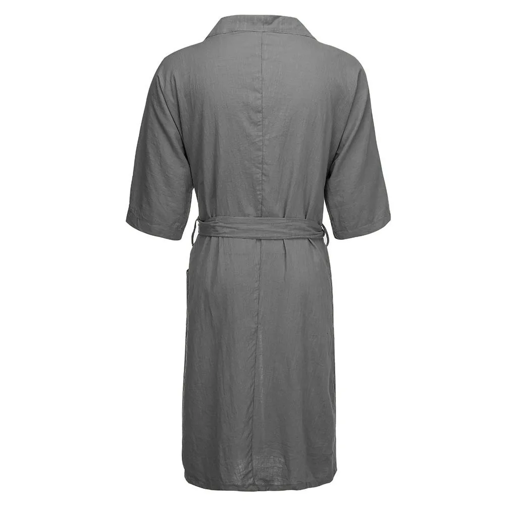 Mens Robe Long Solid Color Linen Nightgown Bathrobe Men Kimono Spring Summer Lace-up Long Robe