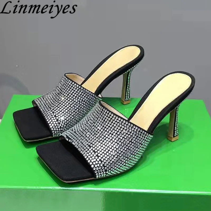 

Rhinestone High Heels Slippers Women Square Peep Toe Mules Summer Gladiator Sandals Women Crystal Shoes Stiletto Slides Woman