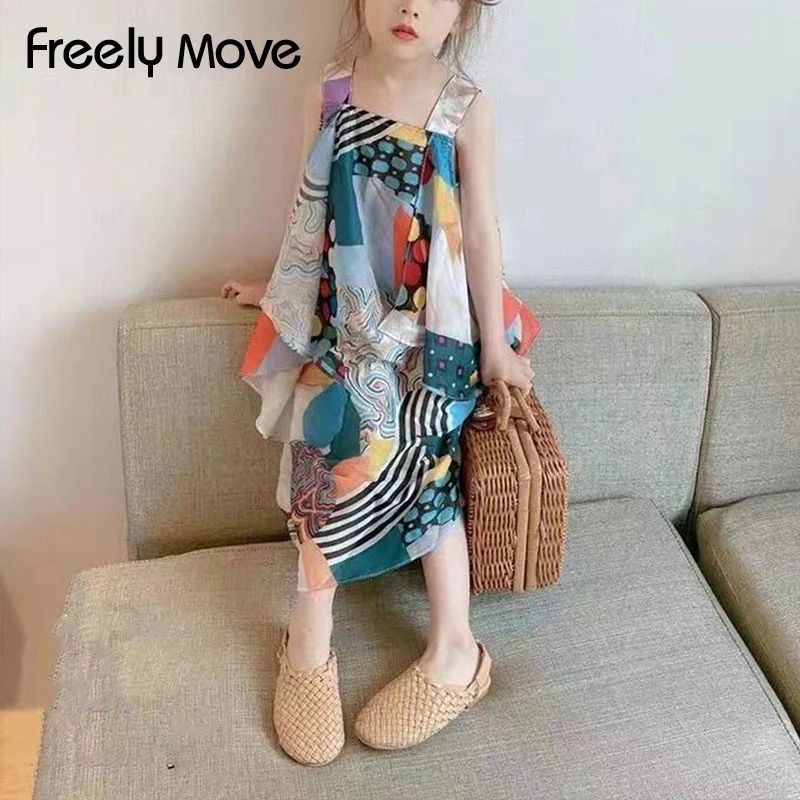 

Freely Move Summer Style Girls Dresses 2022 Fashion Sleeveless Children Beach Dress 7 8 9 10 11 12years Vest Toddler Vestidos