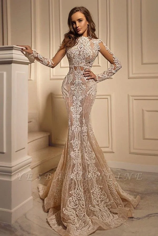

Luxury Mermaid Wedding Dress Sexy Sheer Lace Applique High Neck Illusion Long Sleeve Champagne Trumpet Bridal Gowns 2022