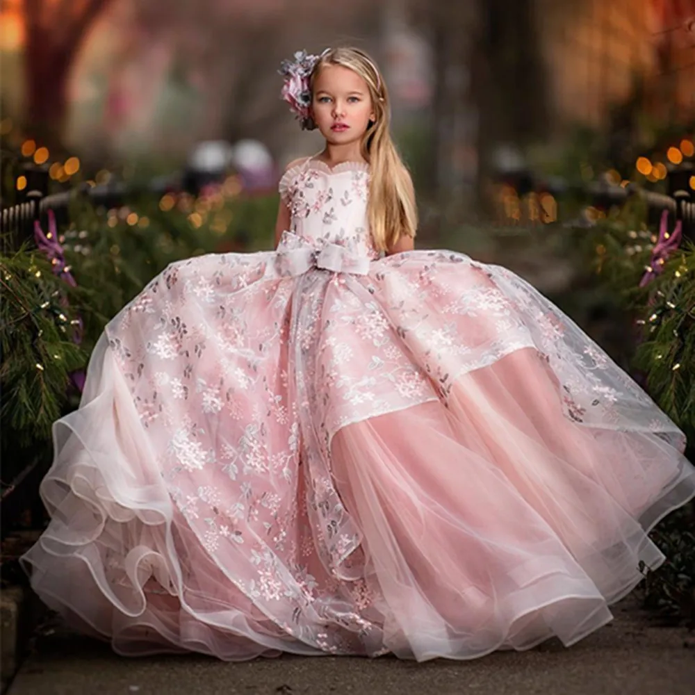 

Бальное платье с розовым жемчугом, Платья с цветочным принтом для девочек, свадебные платья с оборками на тонких бретелях, многоярусные пышные платья, платье для первого причастия