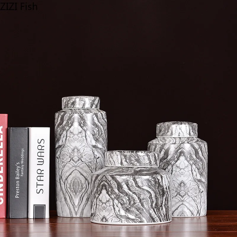 

Gray Marble Texture Porcelain Storage Jar with Lids Ceramic General Jars Retro Tea Caddy Candy Pots Floral Vases Desk Decoration