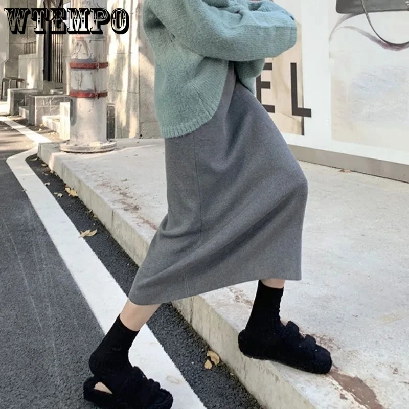 

WTEMPO New High Waist Casual Solid Knitted Skirts Women Spring Fall Fashion Slim Stretchy Mid-length Straight Woolen Skirts