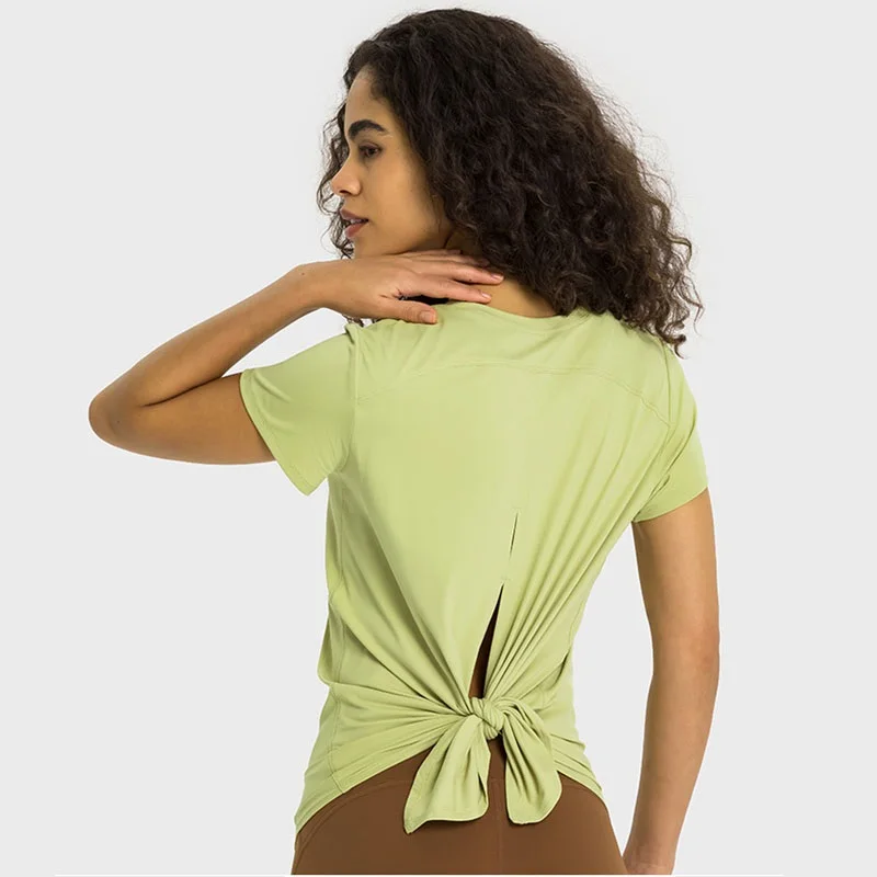 

Long Length Short Sleeve Yoga Shirt Women Round Neck Gym Sports Top Hollow Slit Fitness T-shirt Loose Quick-drying Breathable